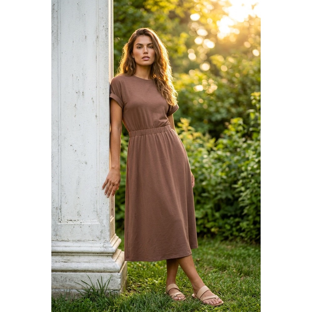 Med INHERIT Womens Short Sleeve Elastic Waist Ribbed Midi Dress  Brown NWT